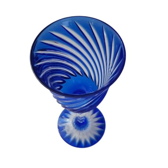 Vtg Cristal D’Arques Durand Valse Cobalt 7” Wine Glass Blue Swirl Cut to Clear - Picture 4 of 7